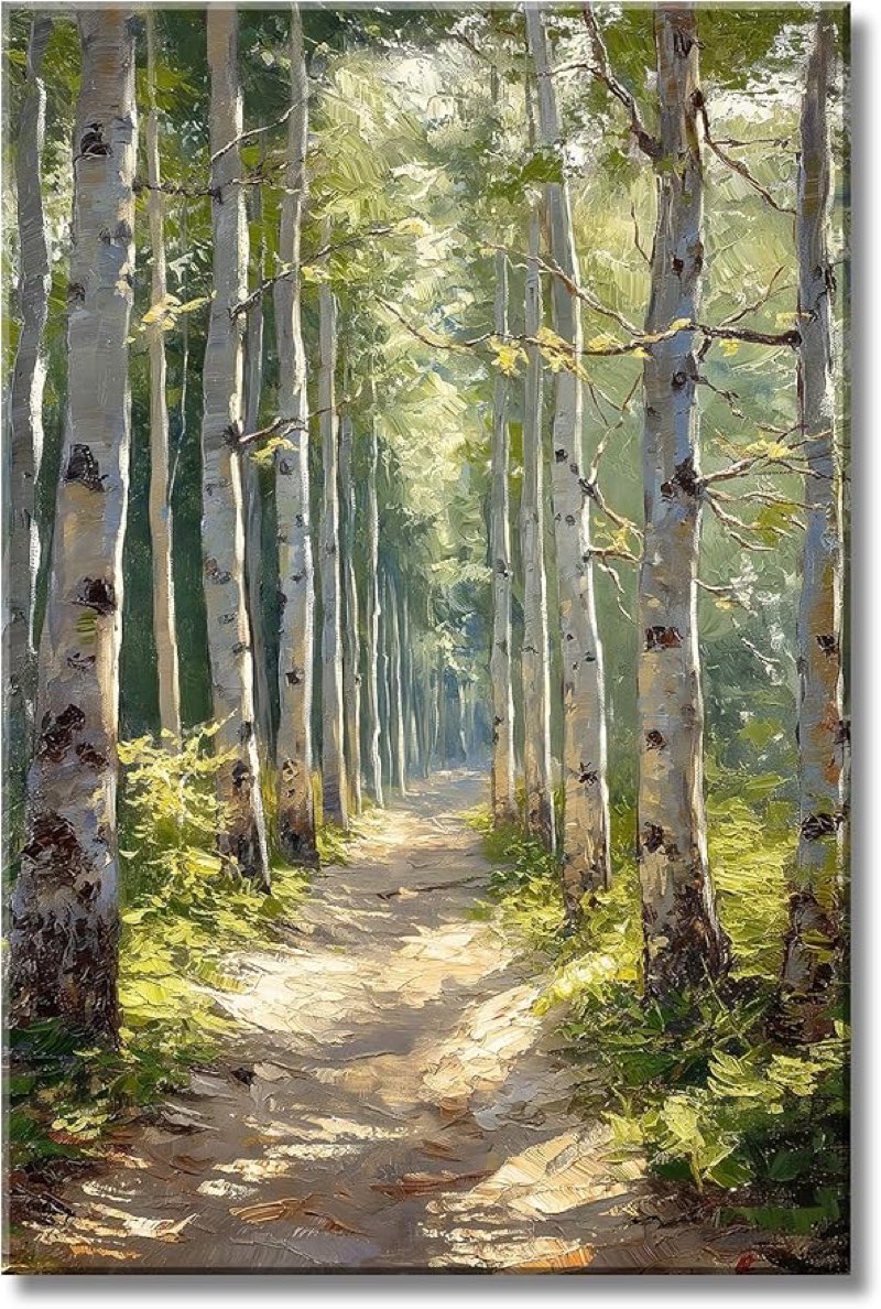 3d textured tree wall art, white birch tree pictures wall decor, green forest canvas painting prints, large nature art for bedroom living room, modern home office framed artwork 21x36 inch