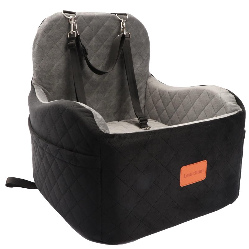 lealchum dog booster car seat for small/medium dogs,6in memory foam elevated cushion,fully detachable and washable,2 clip-on safety leashes,anti-slip base(black/grey,medium)