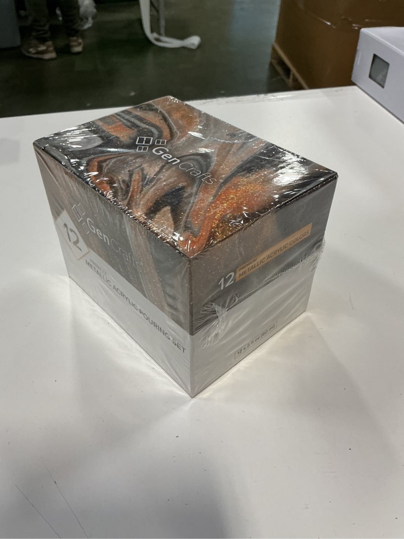 Condition photo showing New/Like New for GenCrafts Metallic Acrylic Pouring Paint 12 Colors Pre-Mixed High Flow & Ready to Pour - 2 oz./60 ml Bottles - Multi-Purpose Paints for Canvas, Paper, Rocks, Wood Metallic 12 x 60ml (2 fl oz)