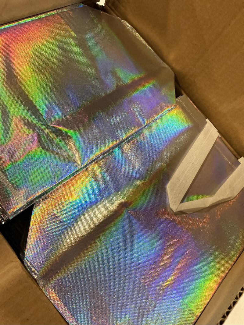 Condition photo showing New/Like New for 100 pcs iridescent glossy gift bags medium size, 8x4x10 in holographic reusable gift bags with handles & sturdy base, ideal for birthday, wedding, bachelorette, party favors, holiday goodie bag iridescent-medium-100 pcs 1 count (pack of 100)