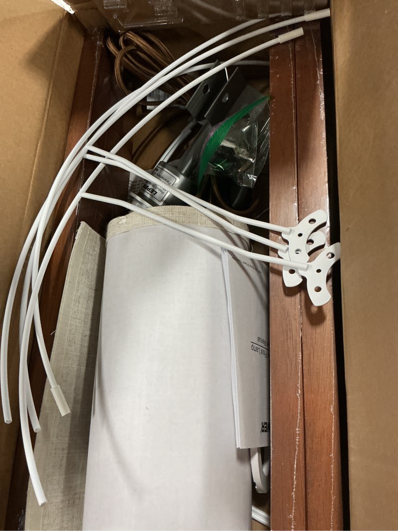 Condition photo showing Good Condition for LEPOWER Wood Tripod Floor Lamp, Mid Century Standing Lamp, Modern Design Studying Light for Living Room, Bedroom, Study Room and Office, Flaxen Linen Shade with E26 Base Brown Brown Tripod Holder