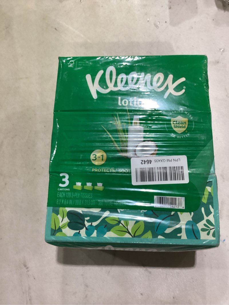Condition photo showing Good Condition for kleenex lotion facial tissues with coconut oil, 3 flat boxes, 120 tissues per box, 3-ply white 120 tissues (pack of 3)