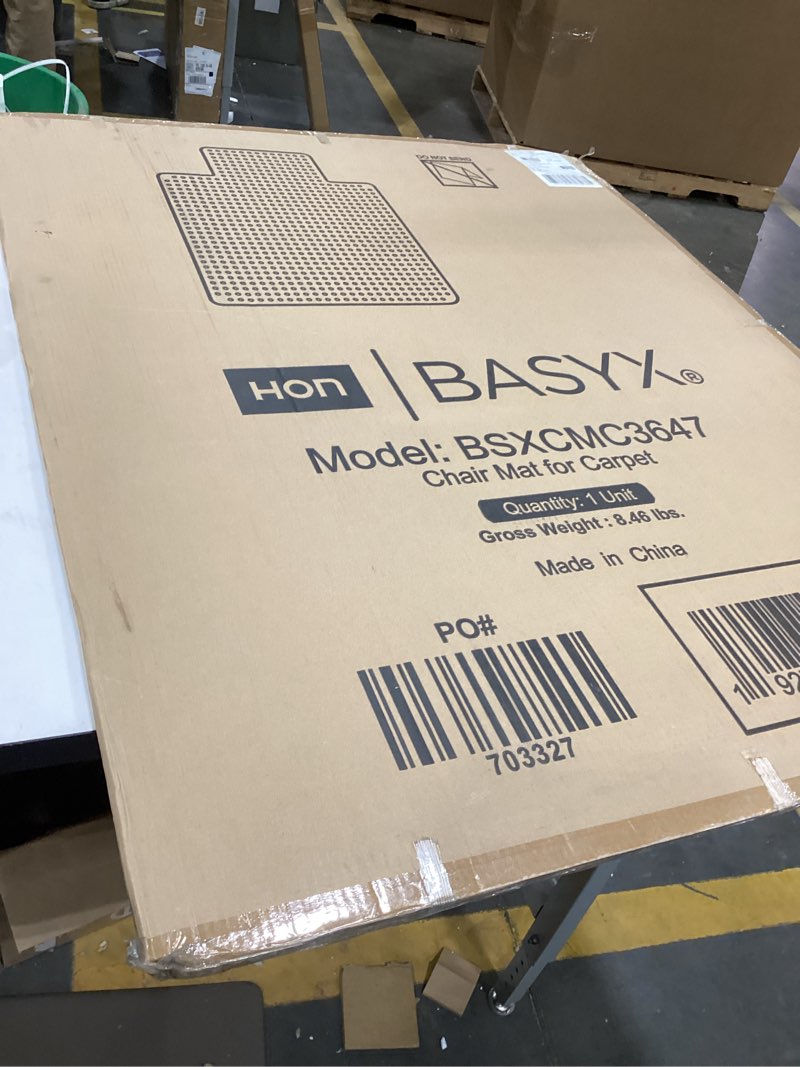 Condition photo showing New/Like New for hon basyx commercial-grade polycarbonate chair mat with lip for low pile carpet, 36" x 47", clear