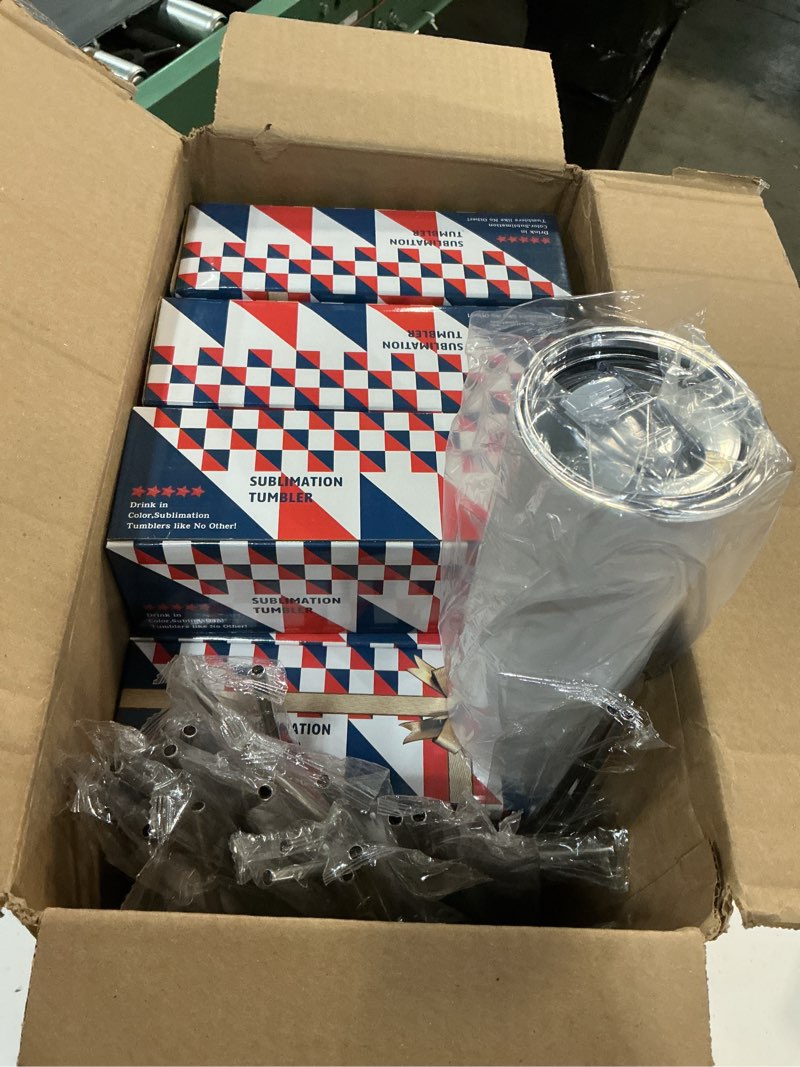 Condition photo showing Good Condition for 12 pack 20 oz sublimation tumbler set double walled stainless steel skinny straight blank tumbler sublimation cup with lid, straw, shrink wrap, rubber base for heat transfer heat press