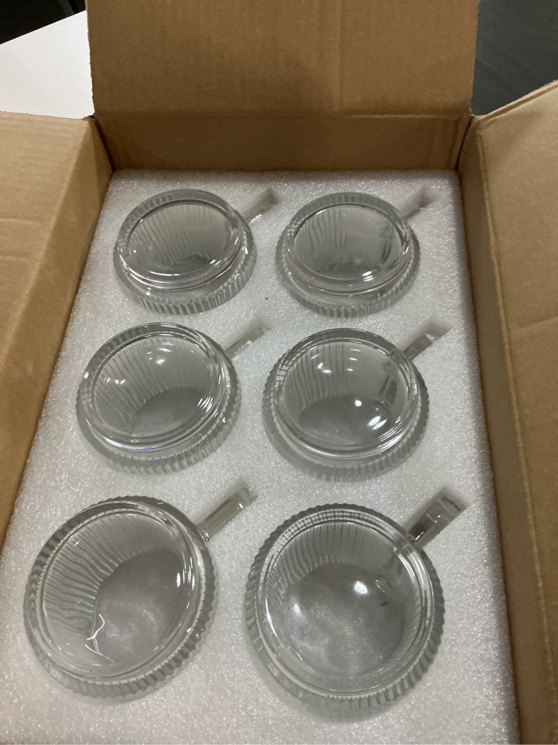 Condition photo showing New/Like New for 6 pack premium glass coffee mugs with handle, 12 oz classic vertical stripes glass coffee cups, transparent tea cup for hot/cold beverages, glassware set for americano, latte, cappuccino