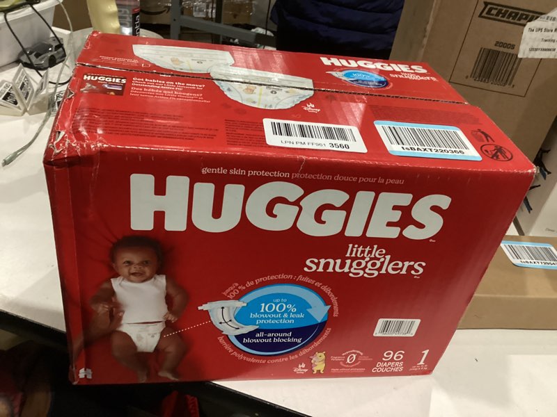 Condition photo showing New/Like New for Huggies Size 1 Diapers, Little Snugglers Baby Diapers, Size 1 (8-14 lbs), 96 Count, Packaging May Vary Size 1 96
