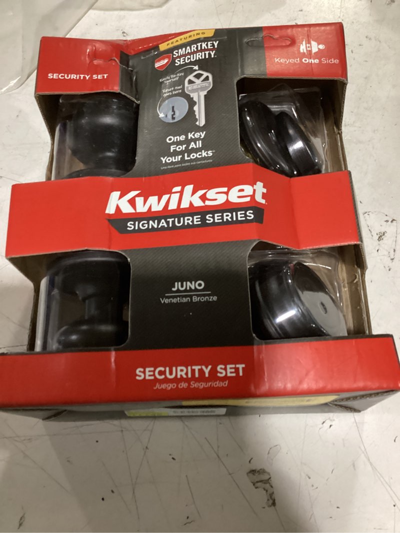 Condition photo showing As Is for kwikset smartkey juno venetian bronze deadbolt and entry door knob kw1 1-3/4 in.