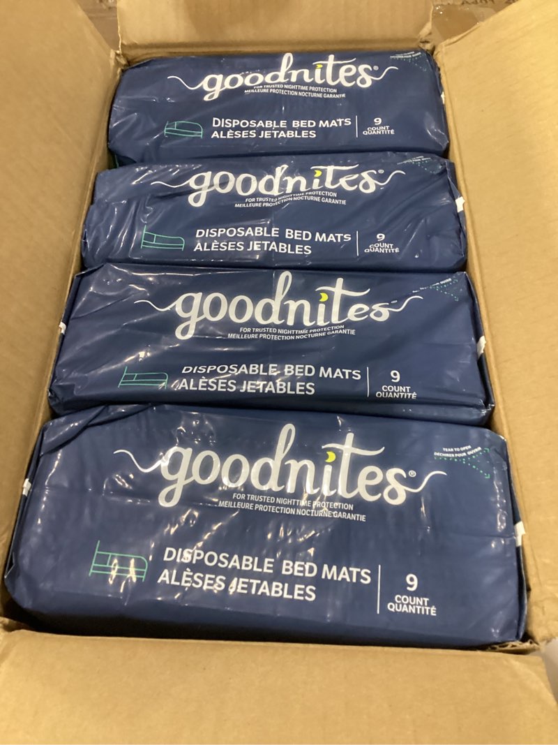 Condition photo showing New/Like New for goodnites disposable bed pads/bed mats for bedwetting, 2.4 x 2.8 ft, 36 ct (4 packs of 9)