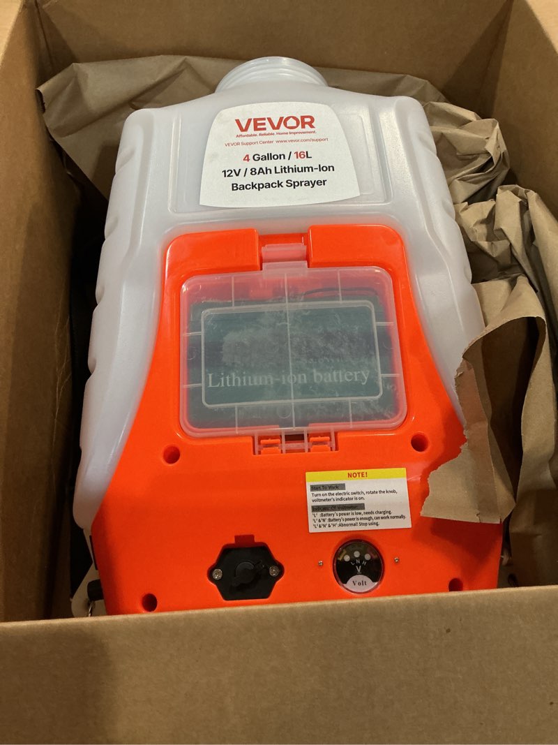 Condition photo showing As Is for evor 4 gallon battery powered backpack sprayer | adjustable pressure 0-90 psi | 8 nozzles, 2 wands | 4-6 hr runtime |