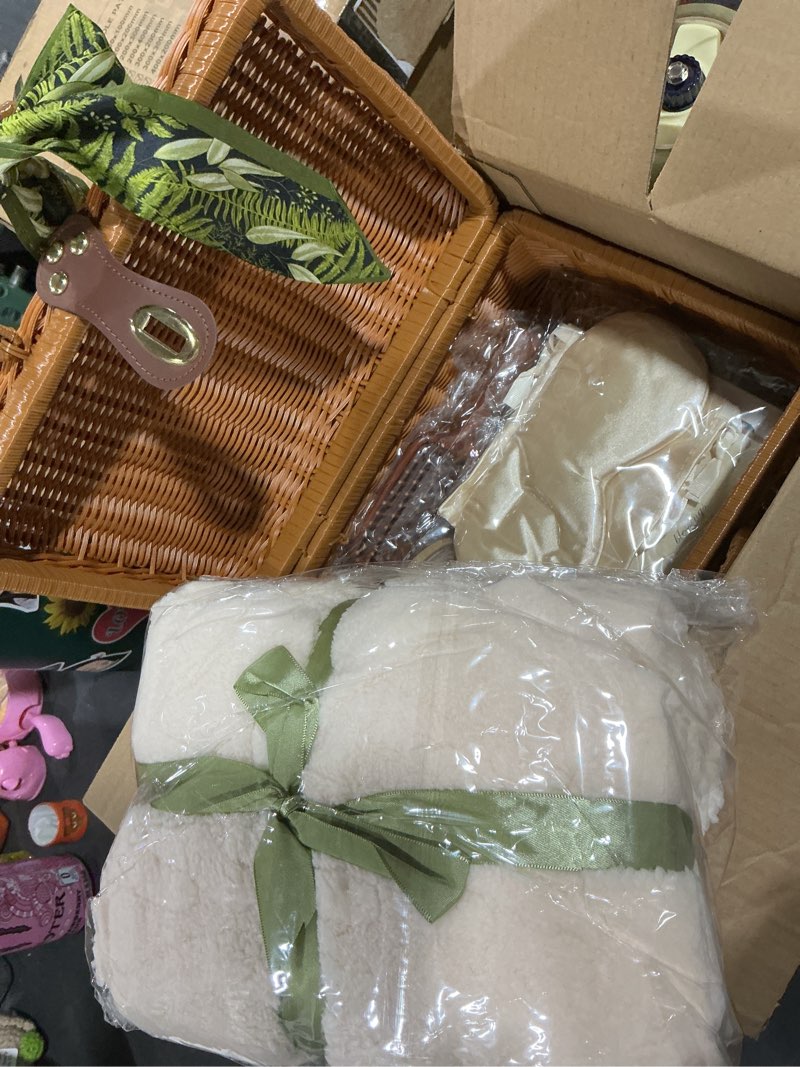 Condition photo showing New/Like New for 14-Piece Vintage Self-Care Gift Basket for Women – Relaxing Spa Care Package with Blanket, Socks, Glass Tumbler & Accessories, Ready-to-Gift