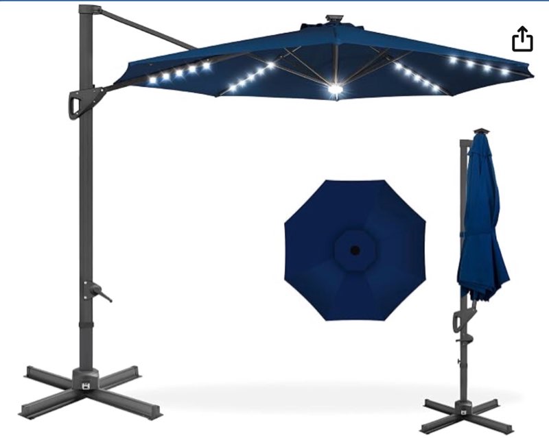best choice products 10ft solar led cantilever patio umbrella, 360-degree rotation hanging offset market outdoor sun shade for backyard, deck, poolside w/lights, easy tilt, cross base - navy blue