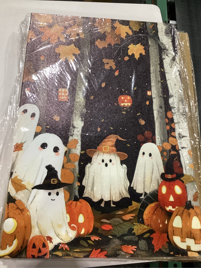 Fall Halloween Ghost Wall Art: Little Cute Ghosts Lighting Pumpkin Lamps and Partying in the Maple G