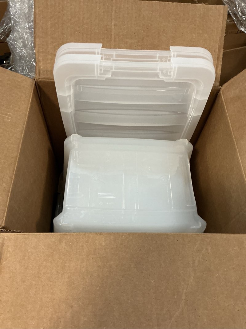 Condition photo showing As Is for IRIS USA 19 QT Plastic Storage Box with Lid and Latches - 6 Pack - BPA-Free, See-Through Organizing Solution, Durable Nestable Stackable Containers, Secure Pull Handle - Clear Clear 19 Qt 6 Pack