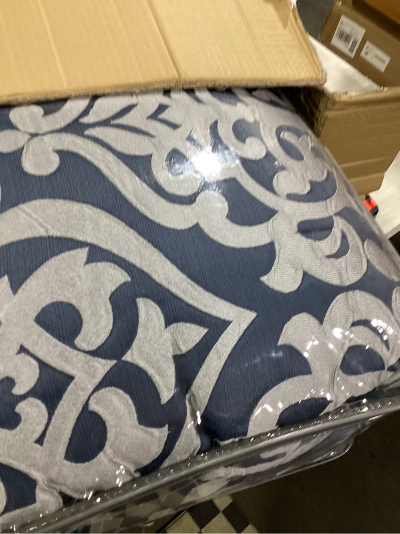 Condition photo showing As Is for madison park odette cozy comforter set jacquard damask medallion design - modern all season, down alternative bedding, shams, decorative pillows, king(104 in x 92 in), navy 8 piece