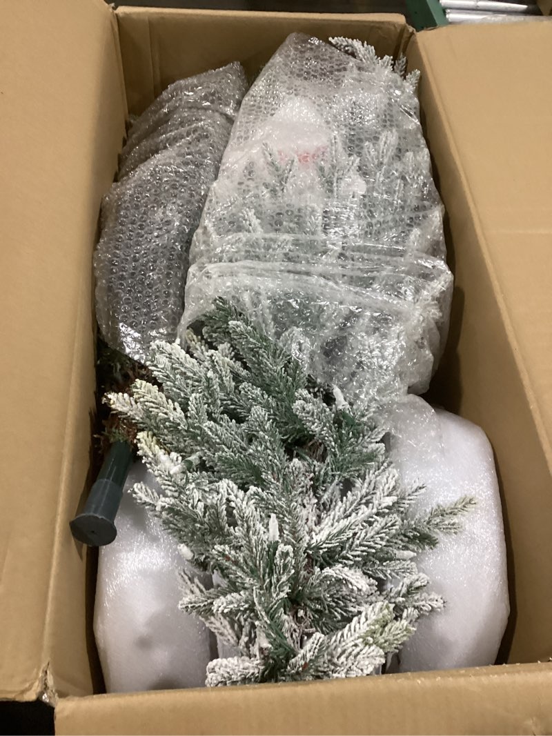 Condition photo showing New/Like New for Puleo International 6ft Pre-Lit Potted Flocked Arctic Fir Pencil Christmas Tree with 120 Warm White Lights, 1325 Realistic Dense Snow Flocked Branch Tips, Easy Setup Artificial Trees with Sturdy Stand 6' Flocked Arctic Fir 120 Clear Lights