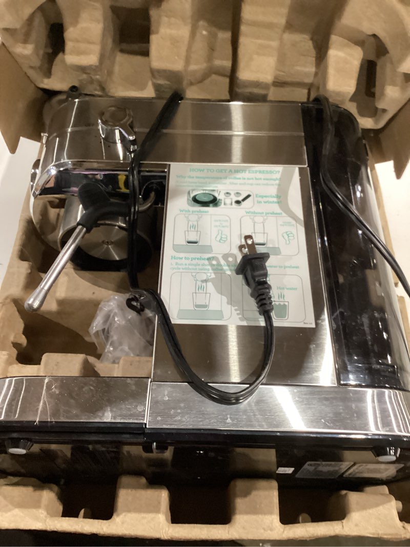 Condition photo showing As Is for casabrews cm5418 espresso machine 20 bar, compact espresso maker with steam milk frother, stainless steel coffee machine with 34oz removable water tank for cappuccino, small latte machine, silver a-silver button