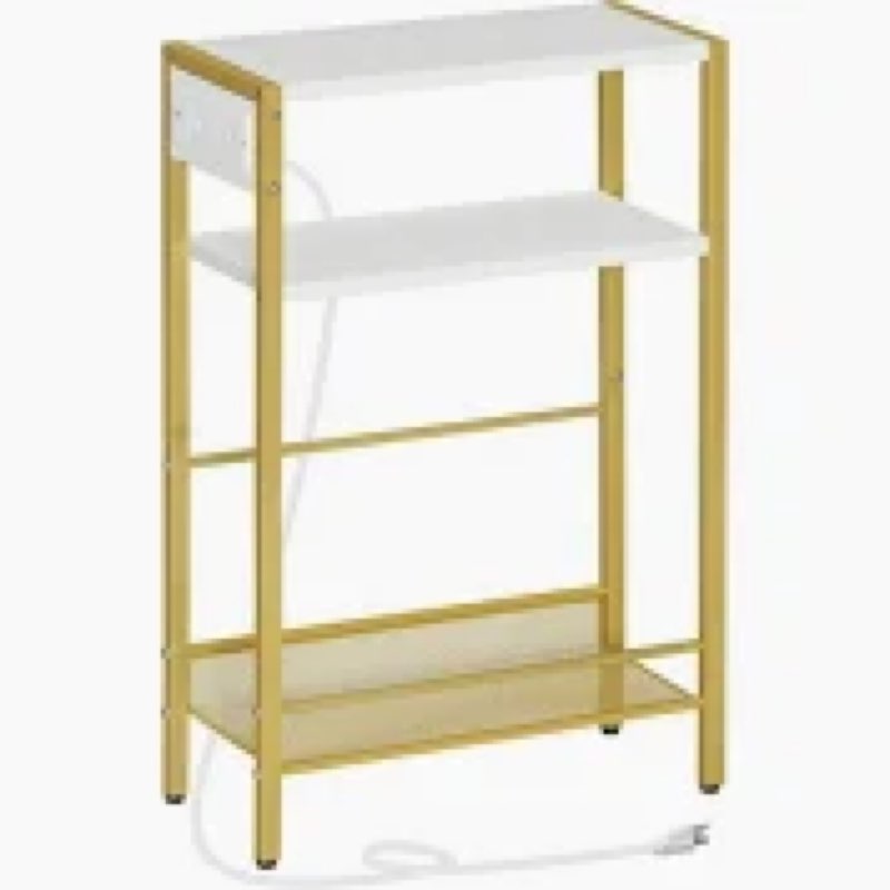 hoobro small narrow side table with charging station, skinny end table for small spaces, slim nightstand with usb ports outlet, sofa beside table with storage shelf, white and gold dw102ubz01 ( similar 