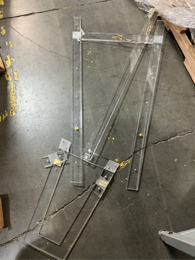 Condition photo showing As Is for decmode 19  x 56  clear acrylic plastic adjustable 7 tier easel with gold metal hardware and chain support  1-piece