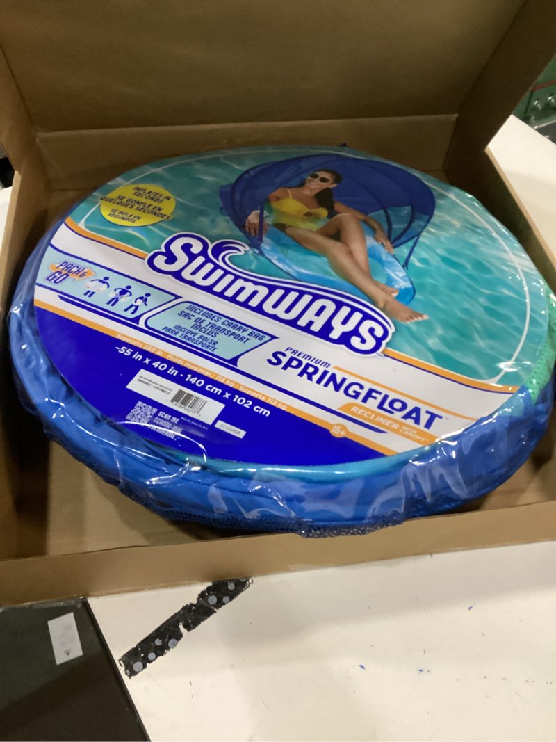 Condition photo showing Good Condition for SwimWays Spring Float Premium Recliner with Canopy Pool Lounger, Inflatable Pool Floats Adult with Fast Inflation for Ages 15 & Up, Sky Blue Canopy Recliner (New Version)