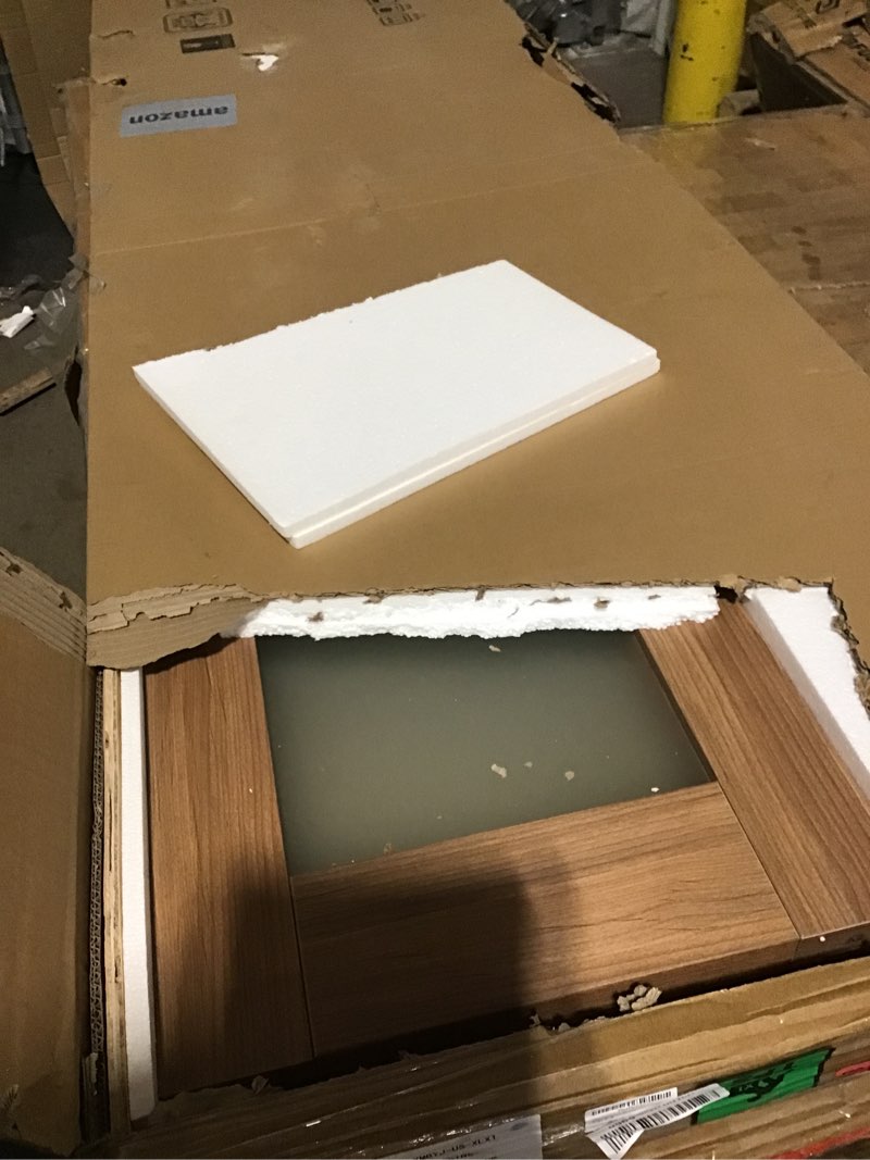 Condition photo showing As Is for FREDBECK 36X84(Double 18x84) Bifold Door Frosted Glass Brown Sliding Closet Barn Doors with Hardware Kit Included, Water-Proof PVC Surface for Bedroom,Bathroom,Assembly Required Wood 36" (18"x2) x 84"