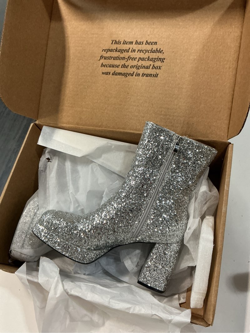 Condition photo showing Good Condition for mavmax women's sequin glitter ankle boots chunky heels sparkly booties us 8.5, silver