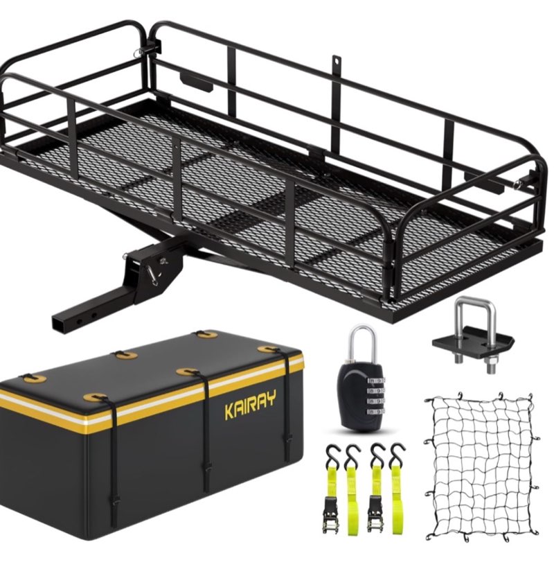 KAIRAY 500 Lbs Heavy Duty Hitch Mount Cargo Carrier 60"x24"x14.4" Folding Rear Luggage Rack Basket Fits 2" Receiver for Car SUV Camping Traveling with Stablizer Waterproof Bag Net Ratchet Straps Lock