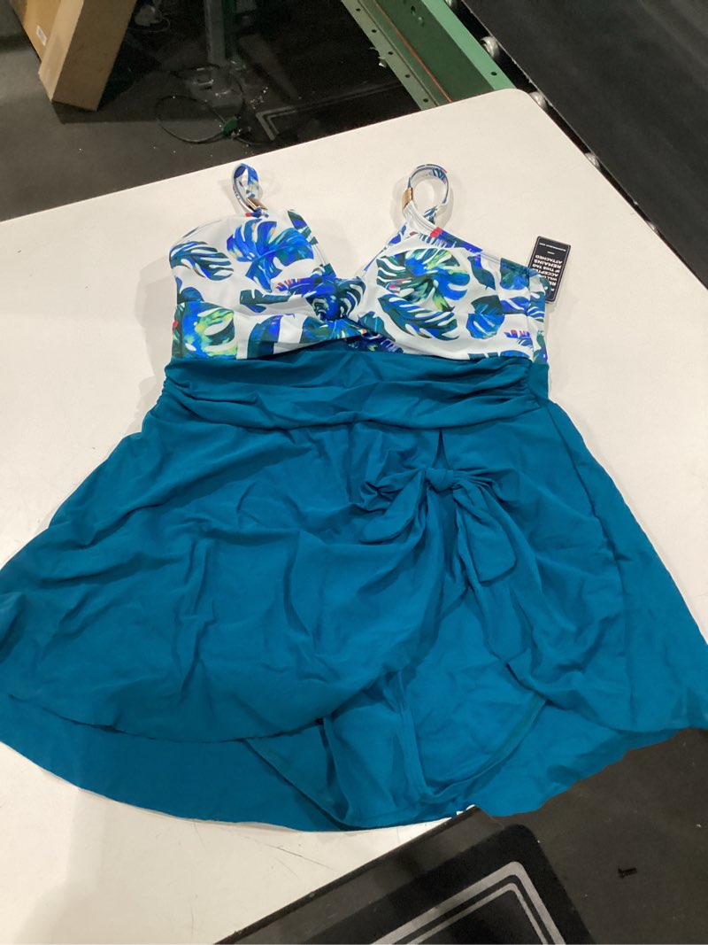 Condition photo showing New/Like New for blooming jelly womens one piece swimsuit tummy control bathing suit gold metal tie knot 2026 swim dress x-large tropical/blue green