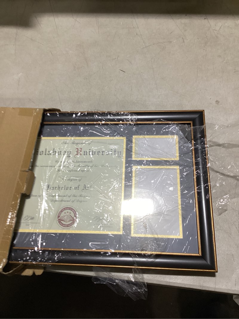Condition photo showing As Is for VIOLABBEY Black Diploma Frame with Tassel Holder for 8.5x11 Certificates Document and 4x6 Graduation Pictures, College Degree Frame for Wall Mounted (Black Gold Double Mat) Black With Gold Rim Diploma + Picture + Tassel