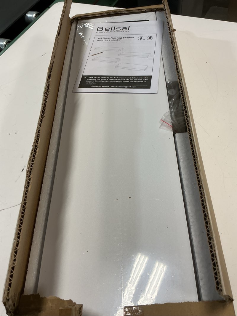 Condition photo showing Good Condition for bellsal floating shelves for wall, white engineered wood wall shelf set of 2, 24" walls mounted floating shelf for kitchen, living room, bedroom, bathroom storage, book shelf for home decor 2 pcs: 23.6*6.7 white