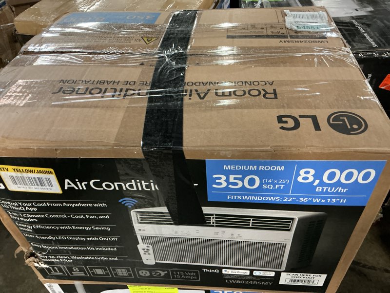 Condition photo showing As Is for 8,000 btu, 115 volts, window smart air conditioner cools 350 sq. ft. with remote, wifi enabled in white