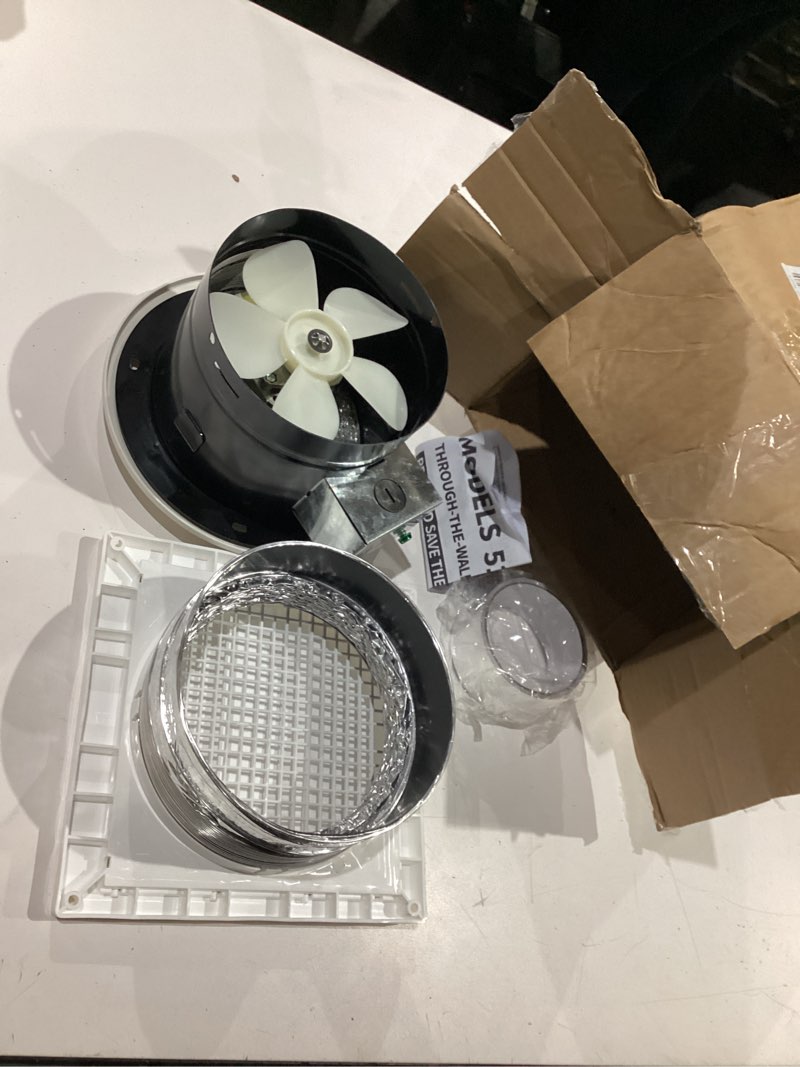 Condition photo showing As Is for 512m bathroom exhaust fan, 6 inch wall mounted kitchen exhaust fan with white grille, 80 cfm 4.0 sones, 15-inch retractable duct, garage fan, bathroom fan, attic fan