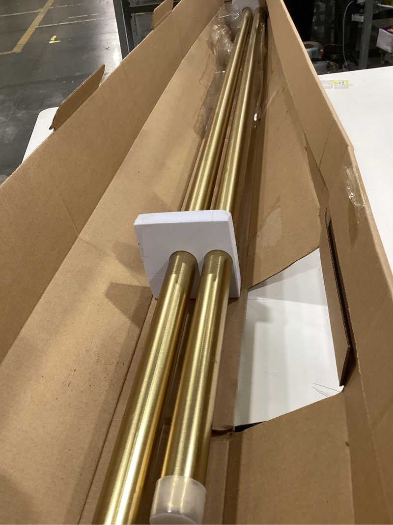 Condition photo showing As Is for allen + roth bexley 72-in to 144-in brushed gold steel single curtain rod with finials