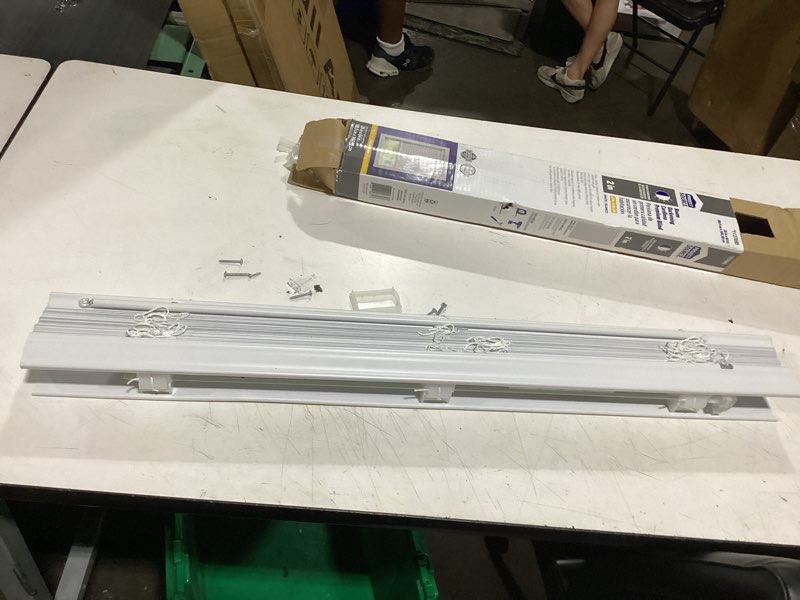 Condition photo showing As Is for project source premium 2-in slat width 35-in x 64-in cordless white vinyl room darkening horizontal blinds