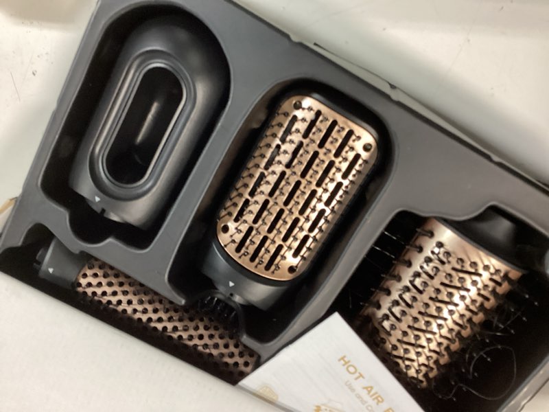 Condition photo showing Good Condition for hair dryer brush set, multifunctional hot air brush for salon blowouts, negative ion technology & quick drying, shiny and less frizz, rose gold