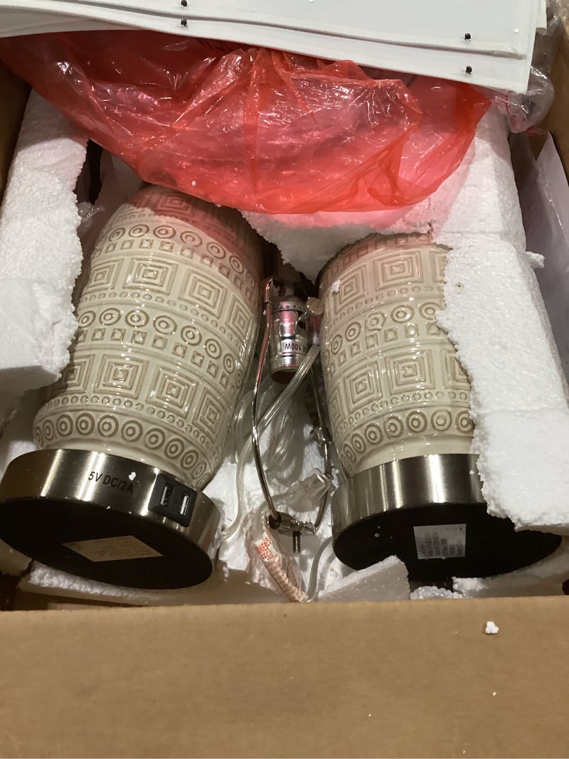 Condition photo showing Good Condition for 3 Color Temperature 25.5“ inches Ceramic Table Lamps Set of 2, Farmhouse Table Lamp with Outlet and USB Charging Ports, Lamp for Nightstand Bedrooms Living Room with Rotary Switch, Two Bulbs Included