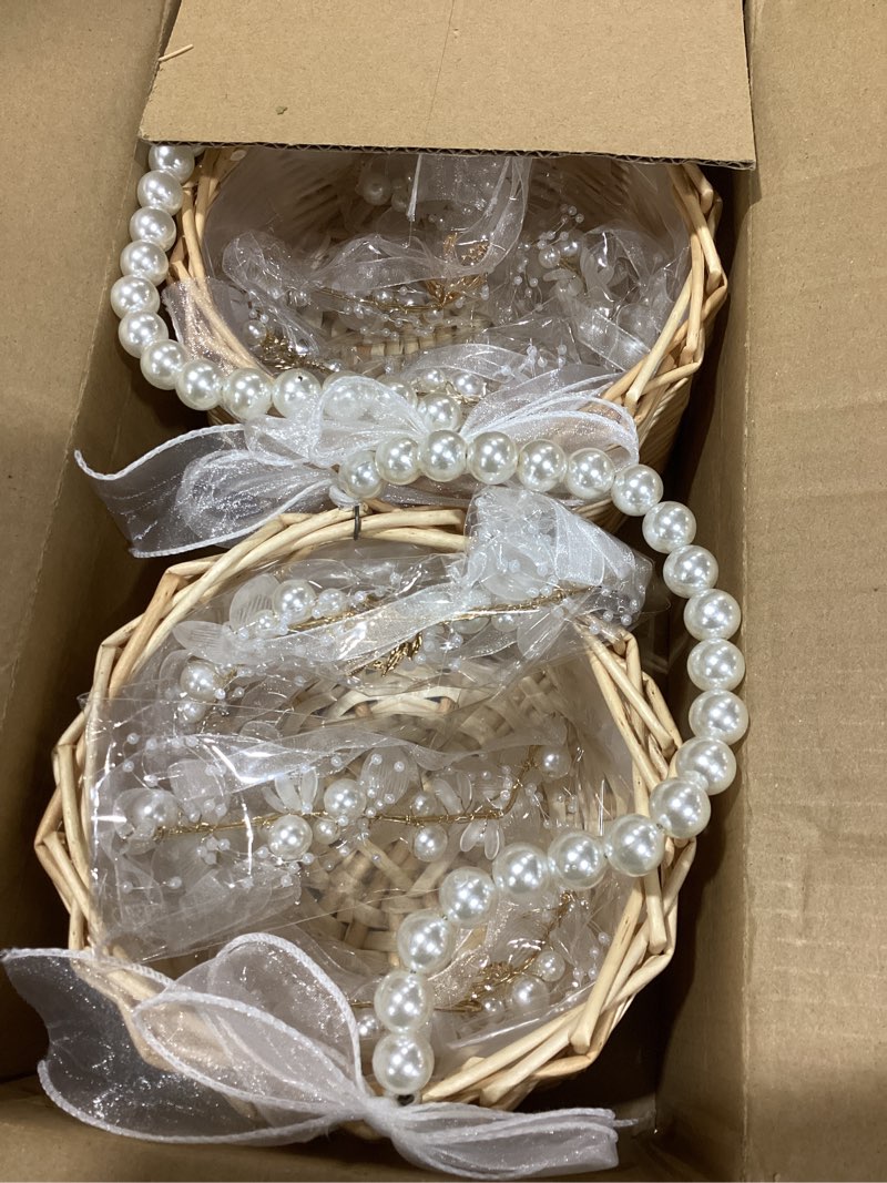 Condition photo showing New/Like New for 6 Pack Flower Girl Basket Set with Pearl Headband and Wrist Corsages, Elegant Brown Rattan Baskets and Hair Accessories for Wedding, Flower Girl Dress Accessories