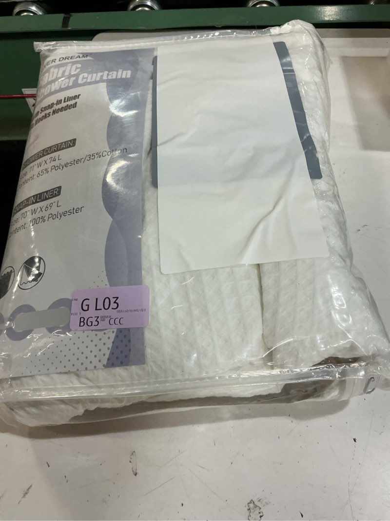 Condition photo showing Good Condition for river dream cotton blend no hook shower curtain with snap in liner, hotel grade shower curtains for bathroom, water repellent, white, 71w x74 l white-no window 71"w x 74"l (pack of 1)