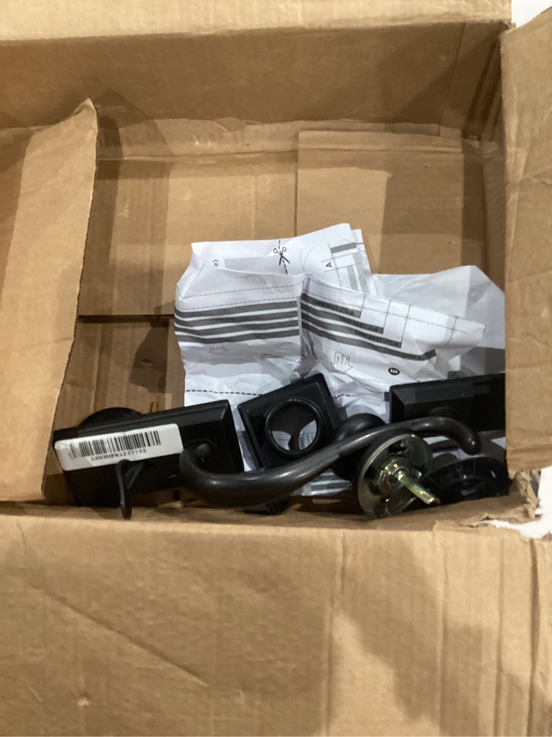 Condition photo showing As Is for kwikset hawthorne front door lock handle and deadbolt set, entry handleset exterior with interior door knob, venetian bronze, pick resistant smartkey rekey deadbolt security, with microban protection