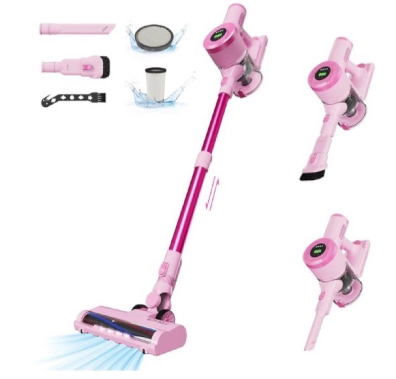 Cordless Stick Vacuum Cleaner, 30KPa Handheld Rechargeable Battery Lightweight Small Pink Vac Electirc Broom, 40Mins Runtime for Home Hard Floor Carpet Pet Hair Cleaning, LED Screen