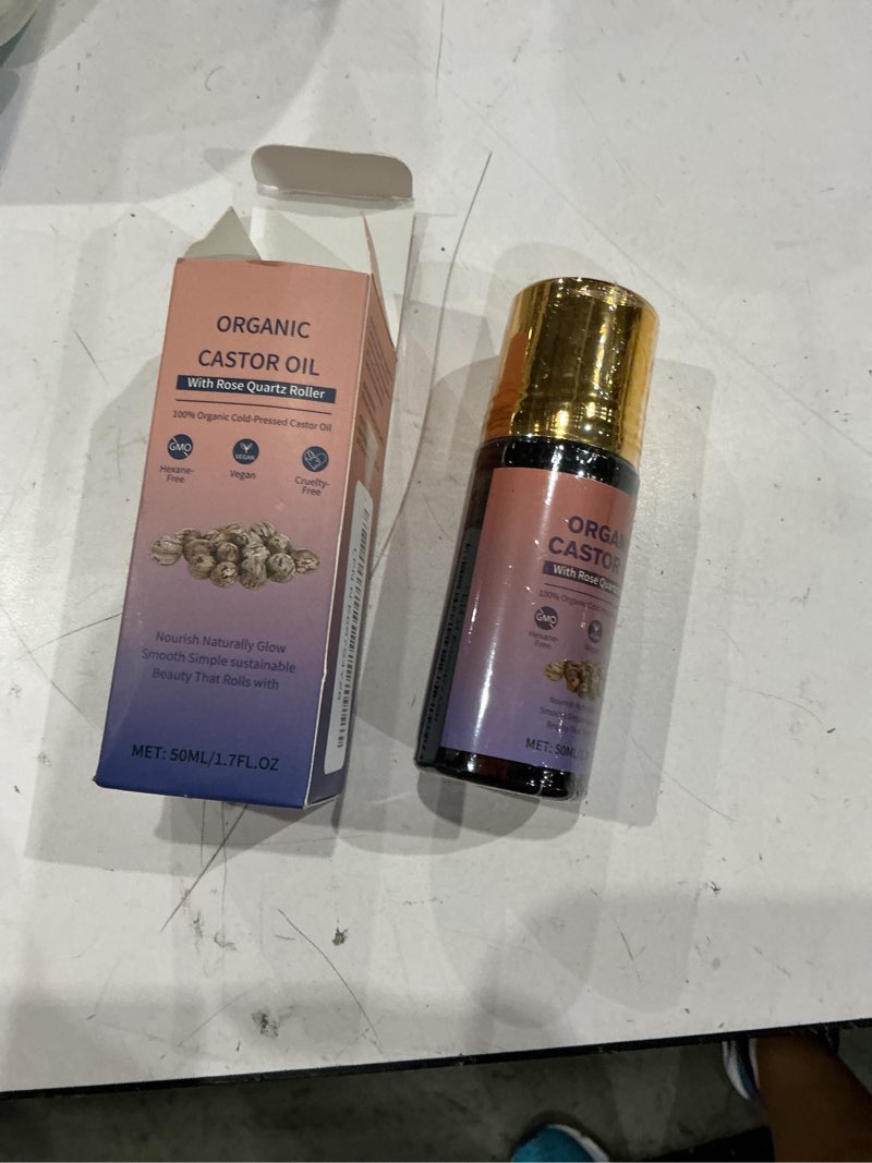 Condition photo showing New/Like New for organic castor oil roll on with rose quartz roller, 100% castor oil organic cold pressed, hexane-free, for face and body, hair, eyebrows, moisturize skin -1pcs