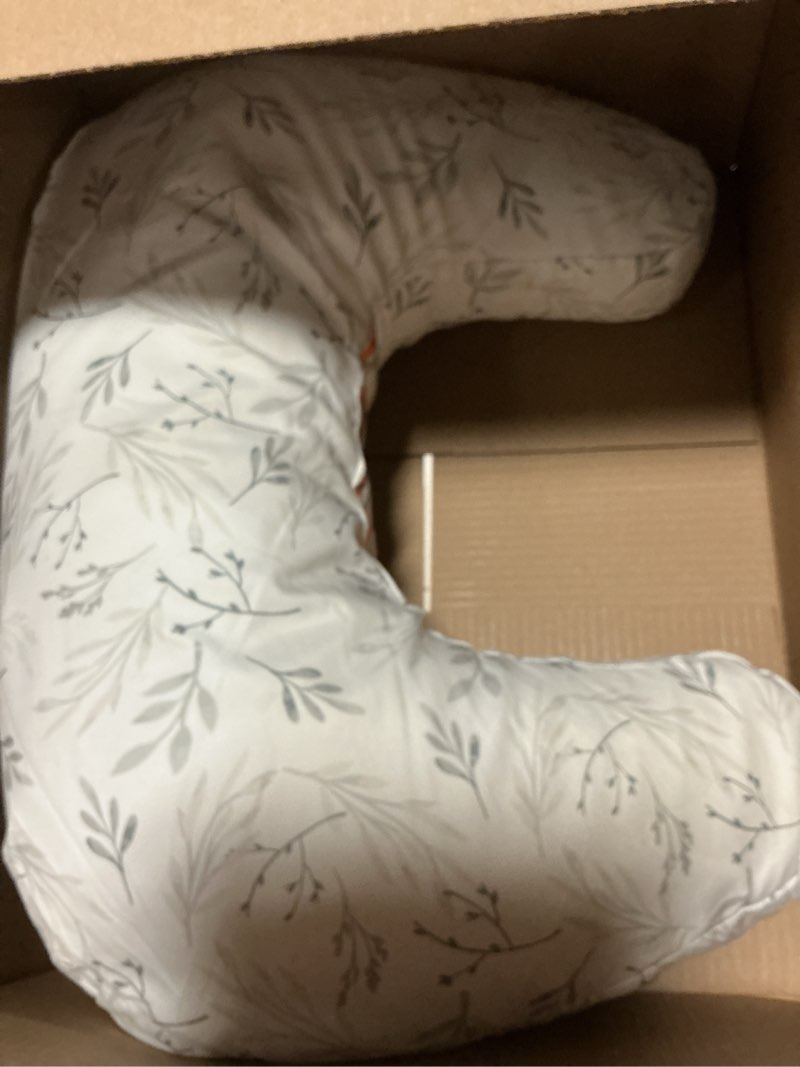 Condition photo showing As Is for boppy nursing pillow - firm, ergonomic u-shaped bottle and breastfeeding pillow with high lift for comfort and support, spacious surface - gray gentle leaves new nursing pillow gray gentle leaves