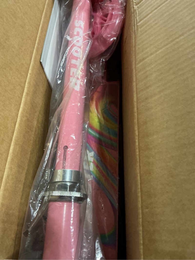 Condition photo showing New/Like New for scooter toys for kids ages 6-12/3-5, christmas birthday gifts for girls boys, easy folding kids scooter with 3 levels adjustable handlebar pink