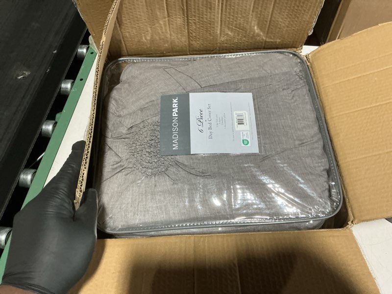 Condition photo showing New/Like New for madison park daybed cover set-trendy design all season luxury bedding with bedskirt, matching shams, decorative pillow, medallion tufted dark grey 75"x39" 6 piece leila dark gray 75"x39"