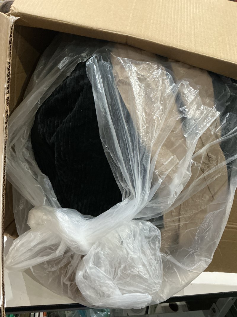 Condition photo showing As Is for round corduroy footstool pouf for couch | soft plush shredded foam filled hassock stool. perfect for living room use as foot rest.