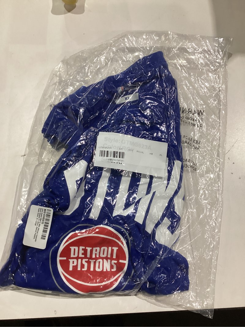 Condition photo showing New/Like New for Ultra Game Men's NBA Official Super Soft Teamster Short Sleeve T-Shirt Detroit Pistons X-Large Team Color