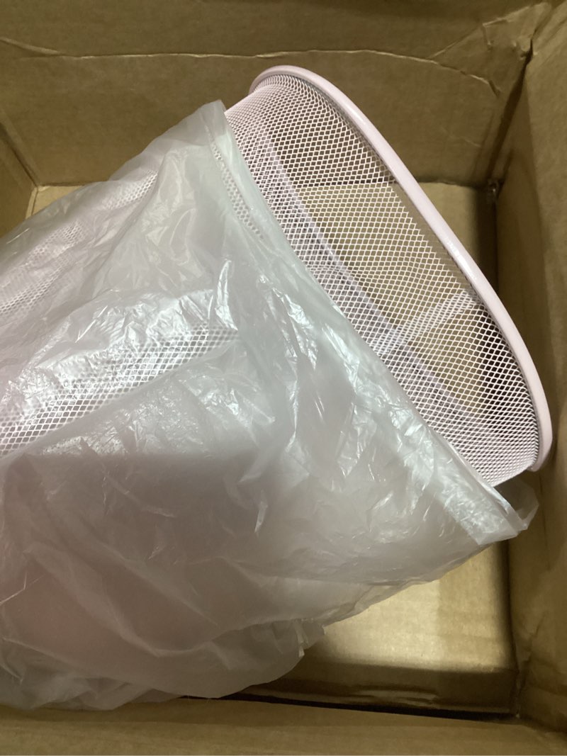 Condition photo showing As Is for Mind Reader Mesh Trash Can, 16.65L (4.4 gal), Waste Paper Basket, Round, Office, Metal Mesh, Pink