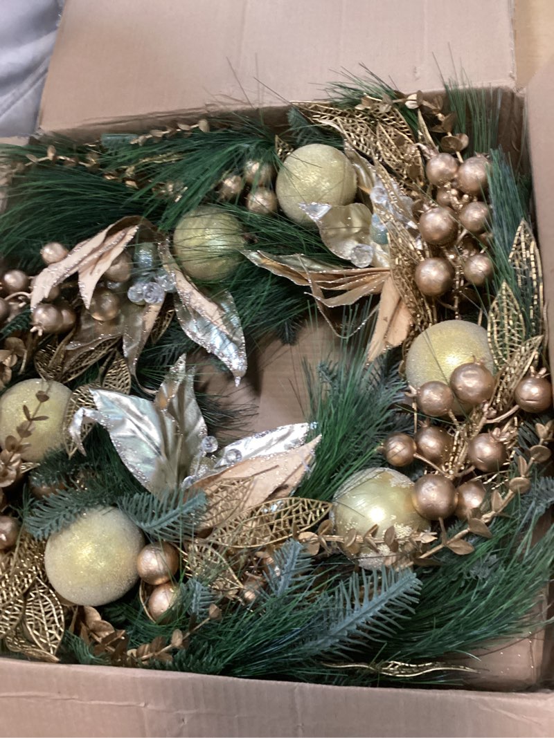 Condition photo showing Good Condition for Winter Wreath for Front Door with Lights (Not Pre-Lit), Soomeir 24?Ç£ Champagne Gold Door Wreath with Ball Ornaments, Battery Operated Holiday Christmas Decor