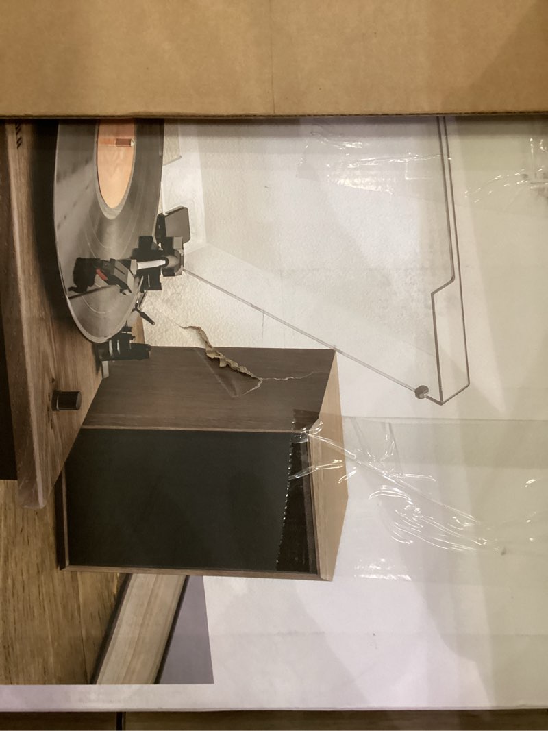 Condition photo showing As Is for Victrola Montauk Vinyl Record Player, 3-Speed Belt Driven Turntable with Stereo Bluetooth Speaker Pair, RCA Output and 3.5mm Headphone Jack, Removable Dust Cover, Farmhouse Walnut Finish Farmhouse Walnut System