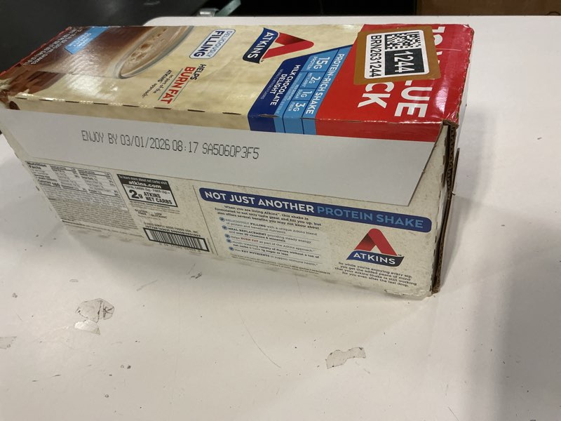 Condition photo showing New/Like New for (ENJOY BY 03/01/2026)Atkins Milk Chocolate Delight High Protein Shake, 15g Protein, Low Glycemic , 2g Net Carb, 1g Sugar, Keto Friendly , Chocolate Flavored Protein Shakes, 12 Count