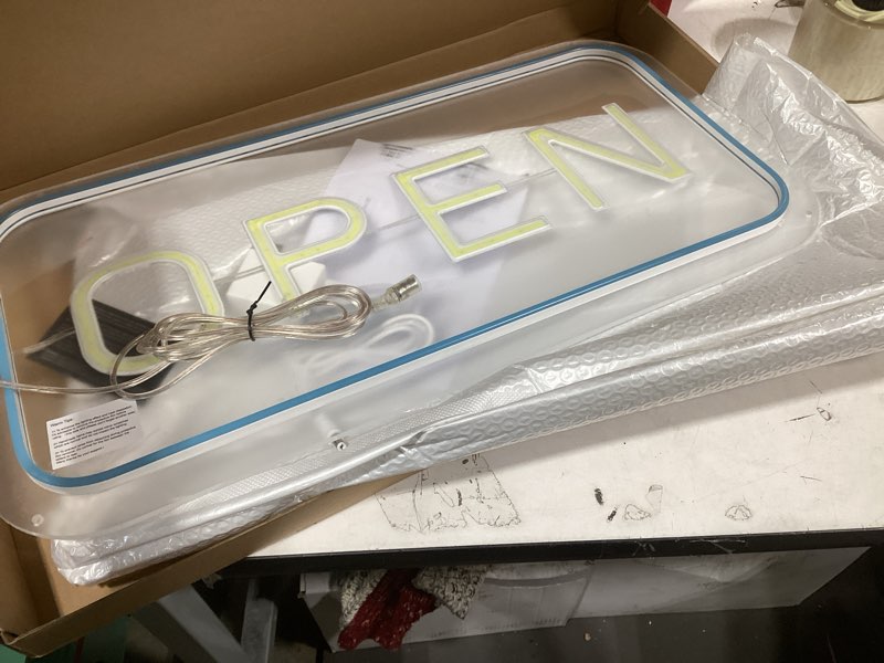 Condition photo showing Good Condition for Open Signs for Business, 23"x 12" Neon Open Sign, Bright COB Chip LED Open Sign with ON/OFF Switch & USB Plug, Ice Blue & White Open Light Up Sign for Wall, Shop, Hotel, Horizontal Blue White Horizontal 23*12 inch